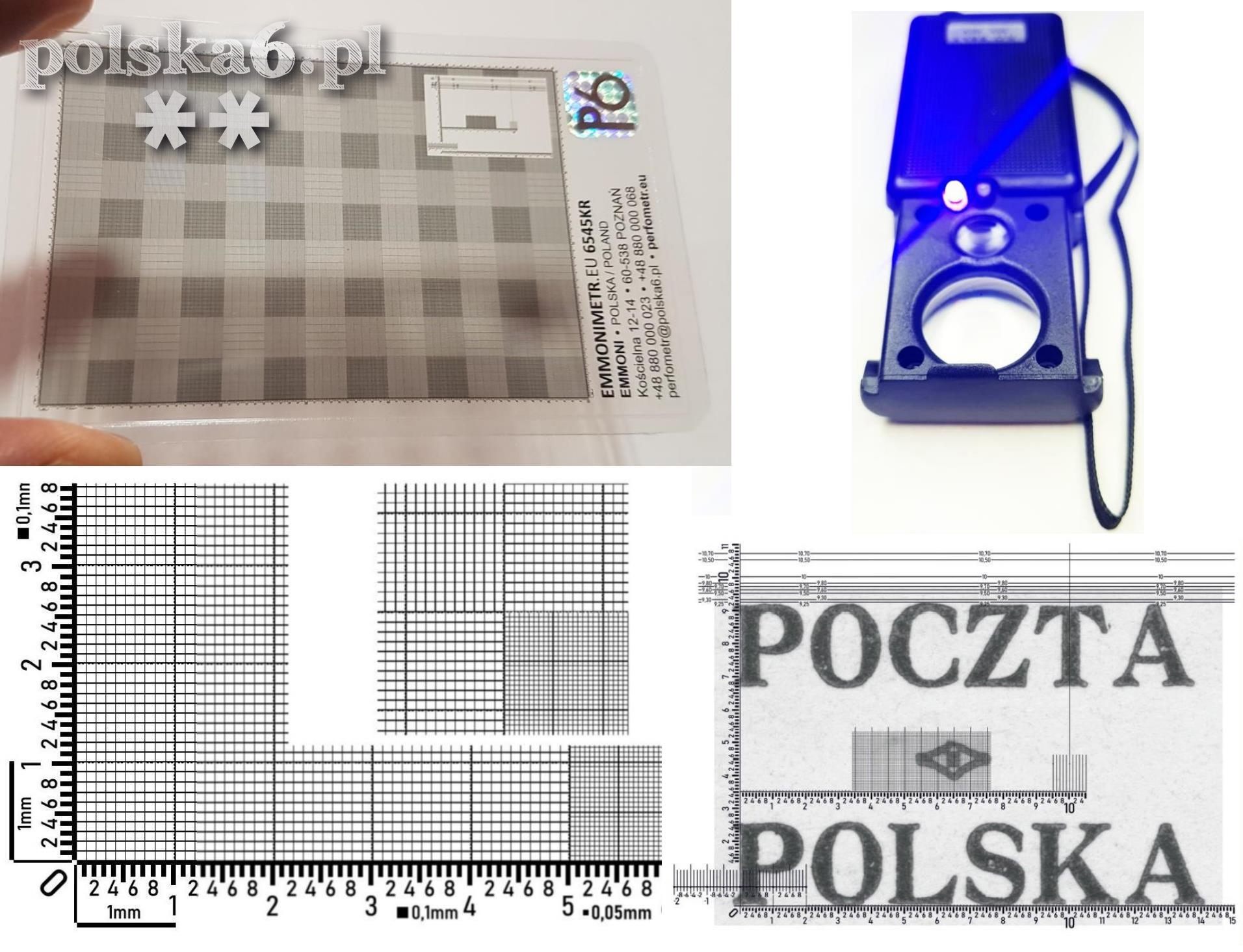 EMMONIMETR 6545 KR 0,05mm 50mikronów profesjonalna miarka PERFOMETR wydanie krakowskie + LUPA x60 x30 lampa UV LED
