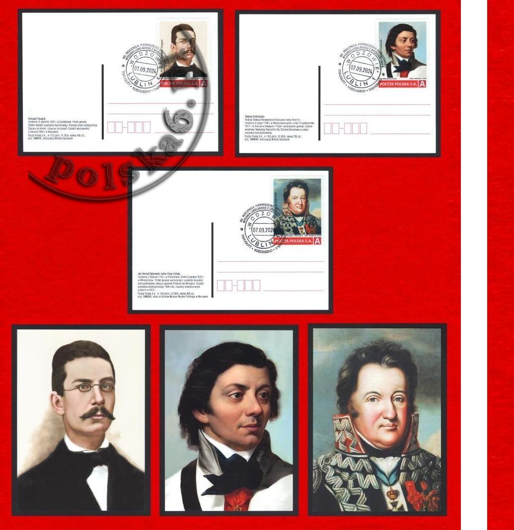 Kartki pocztowe ZNkasFDC Cp 339-341 WODZOWIE 2024 Traugutt Kościuszko Dąbrowski