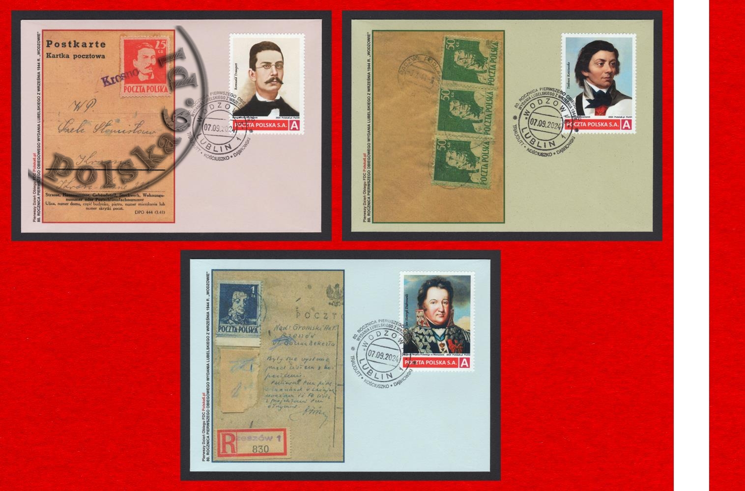 koperty FDC k3 339-341 WODZOWIE 2024 Traugutt Kościuszko DąbrowskiWODZOWIE 2024